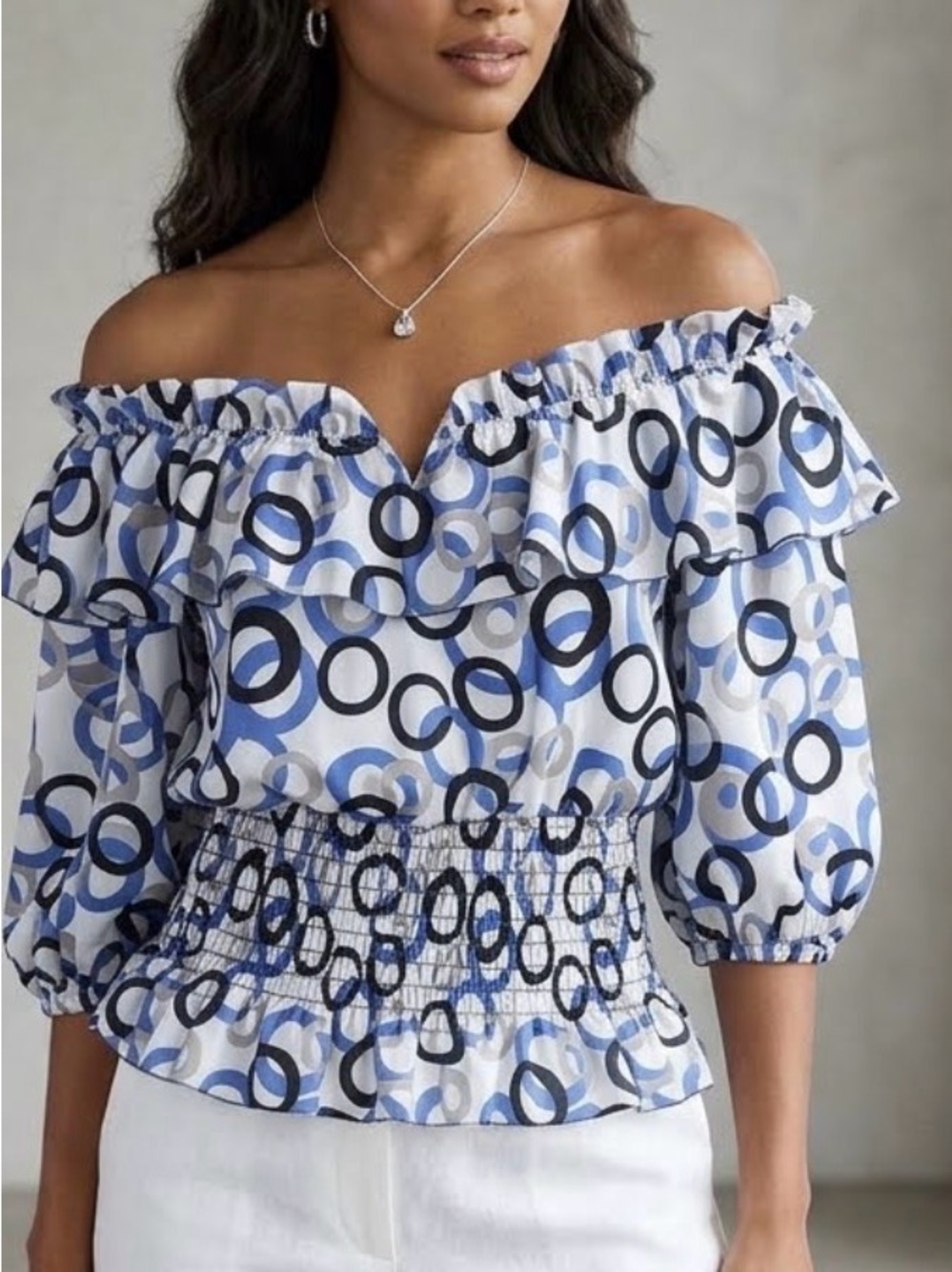Blue, gray and white off the shoulders blouse